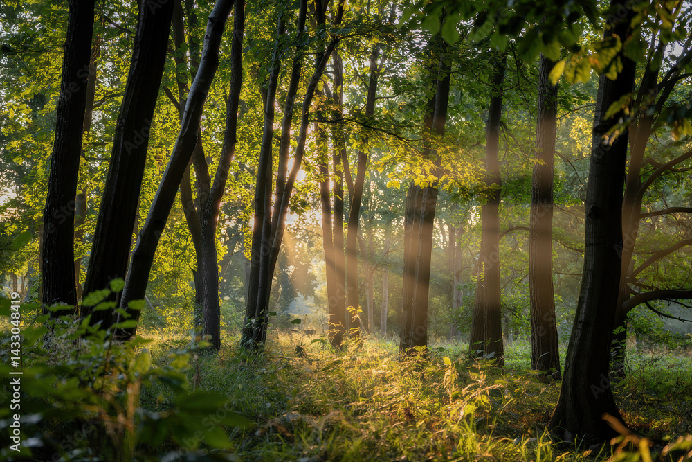 Fototapeta premium Golden Sunlight Filtering Through Lush Green Forest at Dawn with Soft Glowing Rays