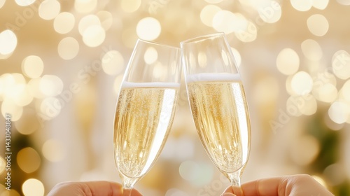 Obraz na płótnie Close-Up of Hands Clinking Champagne Glasses in Elegant Celebration with Golden Bokeh Lights w salonie
