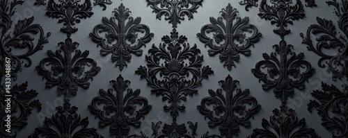 Dark intricate damask pattern with black florals and foliage on a muted grey background, design, foliage