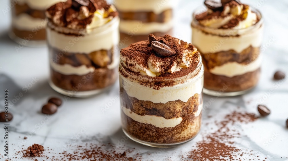 Three jars of tiramisu are displayed on a marble surface, surrounded by scattered coffee beans and cocoa powder. Each jar is layered with cream, Three jars of tiramisu are displayed on a marble surface, surrounded by scattered coffee beans and cocoa powder. Each jar is layered with cream,