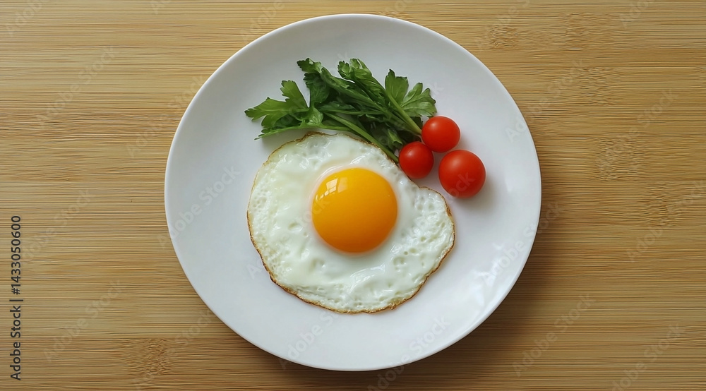 Sunny-Side Up Egg with Fresh Parsley and Cherry Tomatoes on White Plate Display Sunny-Side Up Egg with Fresh Parsley and Cherry Tomatoes on White Plate Display