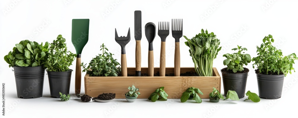 Fototapeta premium Gardening tools with fresh herbs and greenery in a wooden container