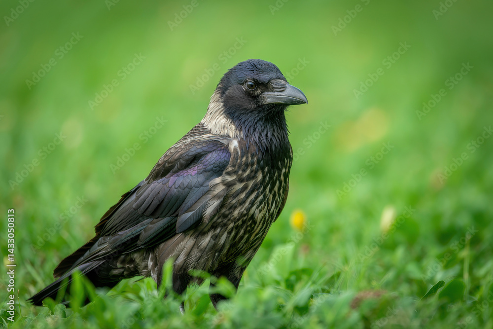 Majestic Crow Standing Proudly on Lush Green Grass Under Natural Light
