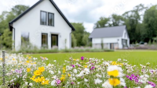 Wallpaper Mural Modern farmhouse homes nestled in a landscaped yard with vibrant wildflowers Torontodigital.ca
