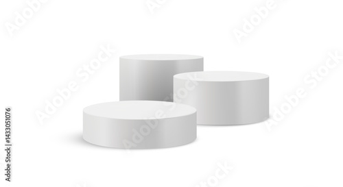 White 3D podium stand clean round platform background. Minimal cylinder display with light gray shadows and geometric shape. Modern showcase scene features luxury cylinder design in studio perspective