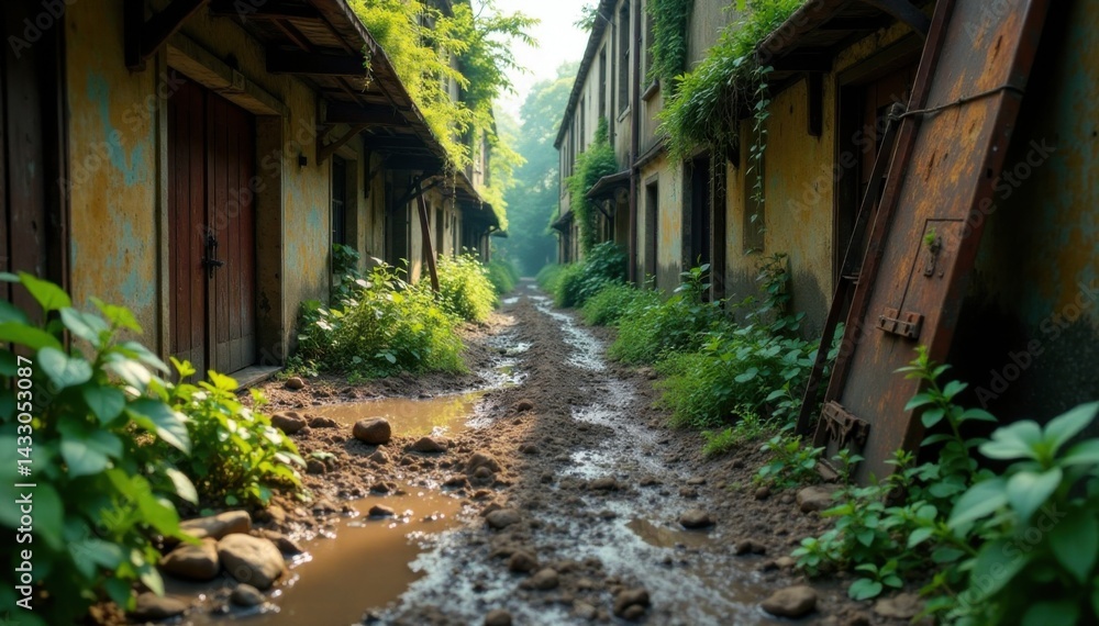 Muddy, abandoned alleyway with overgrown vegetation and rusty metal debris , earthy, texture, urban Muddy, abandoned alleyway with overgrown vegetation and rusty metal debris , earthy, texture, urban