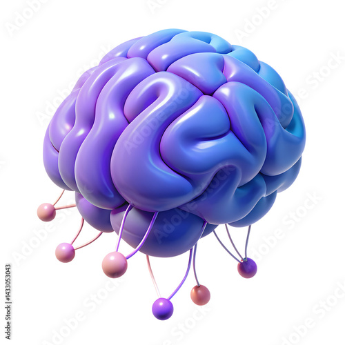 3d Brain chip with pulsating data connections in purple and blue, mind-machine link on a Transparent background