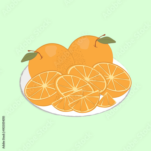 Plate with Oranges on blue background. For health packaging and content design. For organic juice labels, snack wrappers, tea and organic food boxes, summer detox blog post, smoothie tutorials. Vector