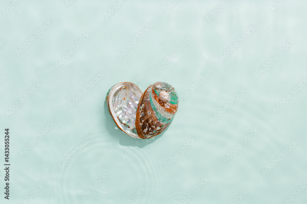 Minimal aesthetic still life, heart shape pearlescent seashells at sunlight, waves seawater, natural beauty organic forms. Shell as symbol of love, travel, tourism visual, vacation rest concepts