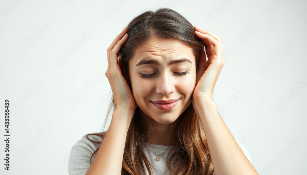 Woman with hands on head, expressing discomfort Woman with hands on head, expressing discomfort