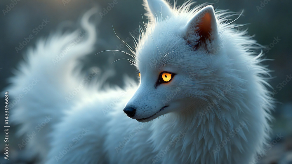 a close-up of a kitsune’s glowing eyes and silver fur, her tail wrapped elegantly around her, with wisps of ethereal smoke rising from her and soft light catching the shimmering details
a close-up of a kitsune’s glowing eyes and silver fur, her tail wrapped elegantly around her, with wisps of ethereal smoke rising from her and soft light catching the shimmering details