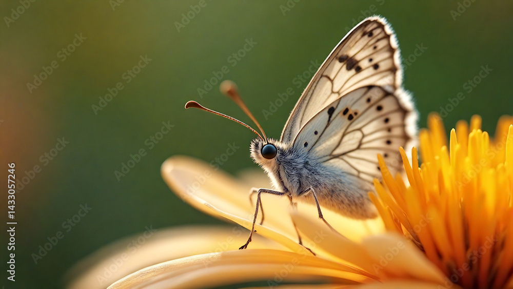 Obraz premium a close-up of a delicate butterfly perched on a flower petal, its wings slightly open, showcasing the fine details and soft textures of its delicate veins and the surrounding flora