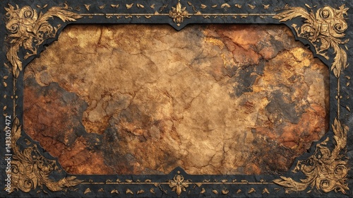 Obraz na płótnie Dark fantasy background in gothic art style with aged parchment texture, black and gold color theme, and intricate vintage border like pages from an ancient book w salonie