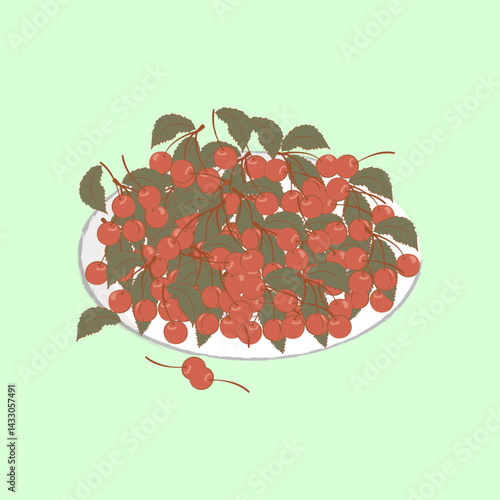Plate with cherries on blue background. For health packaging and content design, organic juice labels, snack wrappers, tea and organic food boxes, summer detox blog posts, smoothie tutorials. Vector.