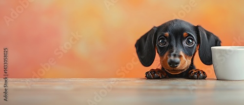 Sweet dachshund puppy with big eyes peering over a wooden surface near cup