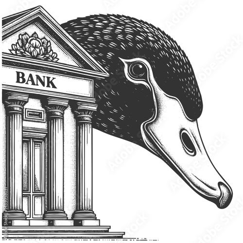 giant black swan next to a classical bank building, symbolizing rare and catastrophic financial events sketch engraving generative ai vector illustration. Scratch board imitation. Black and white.