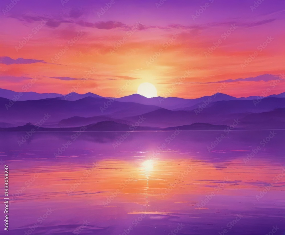 Fototapeta premium Abstract watercolor painting of a vivid sunset, shades of orange merging into purple , clouds, art