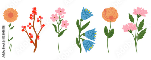 Floral set. Vector flat minimalistic illustration of flowers and leaves in flat style. Retro vintage style, hand drawn decorative elements. 60s, 70s, flower icon, pastel colors, childish cute decor.