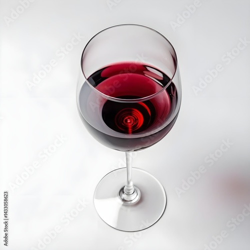 Aerial view of a red wine glass on a clean white background, elegant still life photography, minimalistic style, top-down composition, soft lighting, modern aesthetic, high-resolution image.