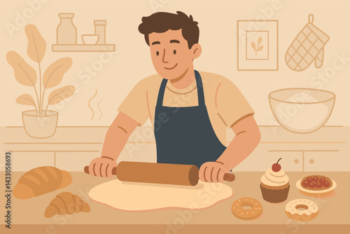 Baking passion icon set – flat style kitchen, culinary, and chef symbols for dessert lovers: rolling pin, croissant, cupcake, oven mitt, mixing bowl, ingredients