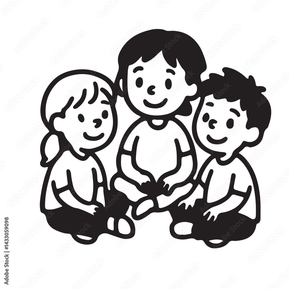 Hand Drawn Black and White Icons of Kids Social Interaction Activities Hand Drawn Black and White Icons of Kids Social Interaction Activities