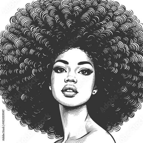 woman with a voluminous afro hairstyle and hoop earrings, exuding strength, beauty, and vintage artistic elegance sketch engraving generative ai vector illustration. Scratch board. Black and white.