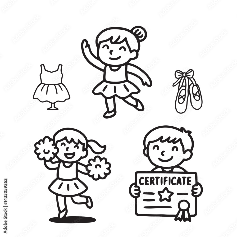 Fototapeta premium Hand-Drawn Black & White Dance Class Icons for Kids