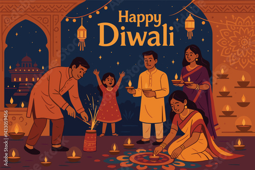 Diwali celebration icons set - flat style festival, tradition, and culture symbols for festive design: diya, sparklers, rangoli, sweets, lantern, fireworks, family.