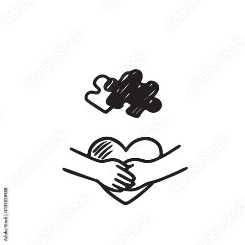Hand Drawn Black White Icons Children with Special Needs in Daily Activities
