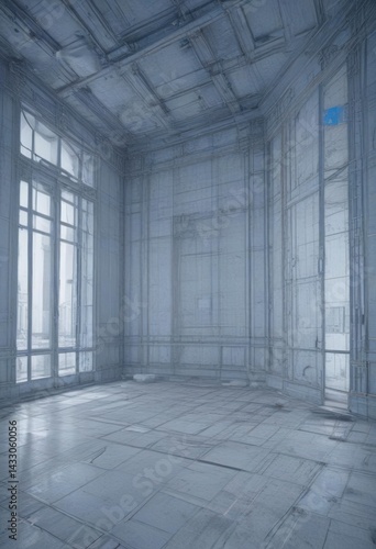 Blueprint overlayed with faded blue photo effect, architectural lines visible ,  draft,  technical drawing