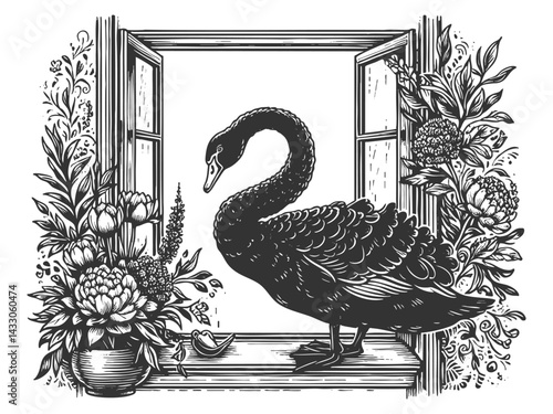black swan emerging through an open window from a calm lake, representing unexpected and disruptive events sketch engraving generative ai raster illustration. Scratch board. Black and white image.