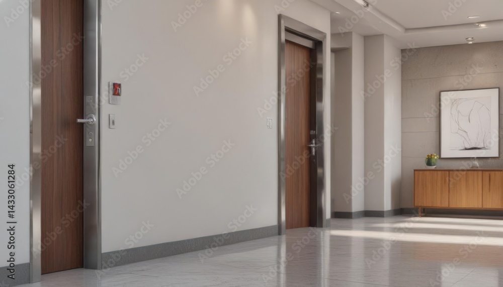 Chrome service bell beside minimalist lobby door , handle, modern architecture, interior design Chrome service bell beside minimalist lobby door , handle, modern architecture, interior design