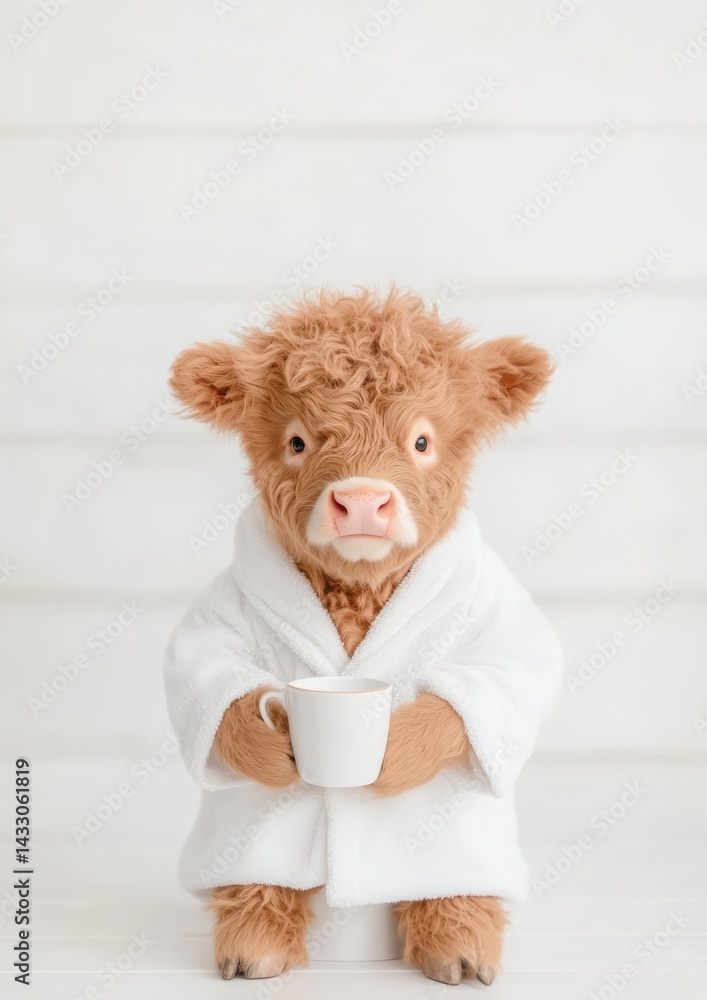 Adorable Highland Cow in White Robe Holding Coffee Cup on White Wooden Background