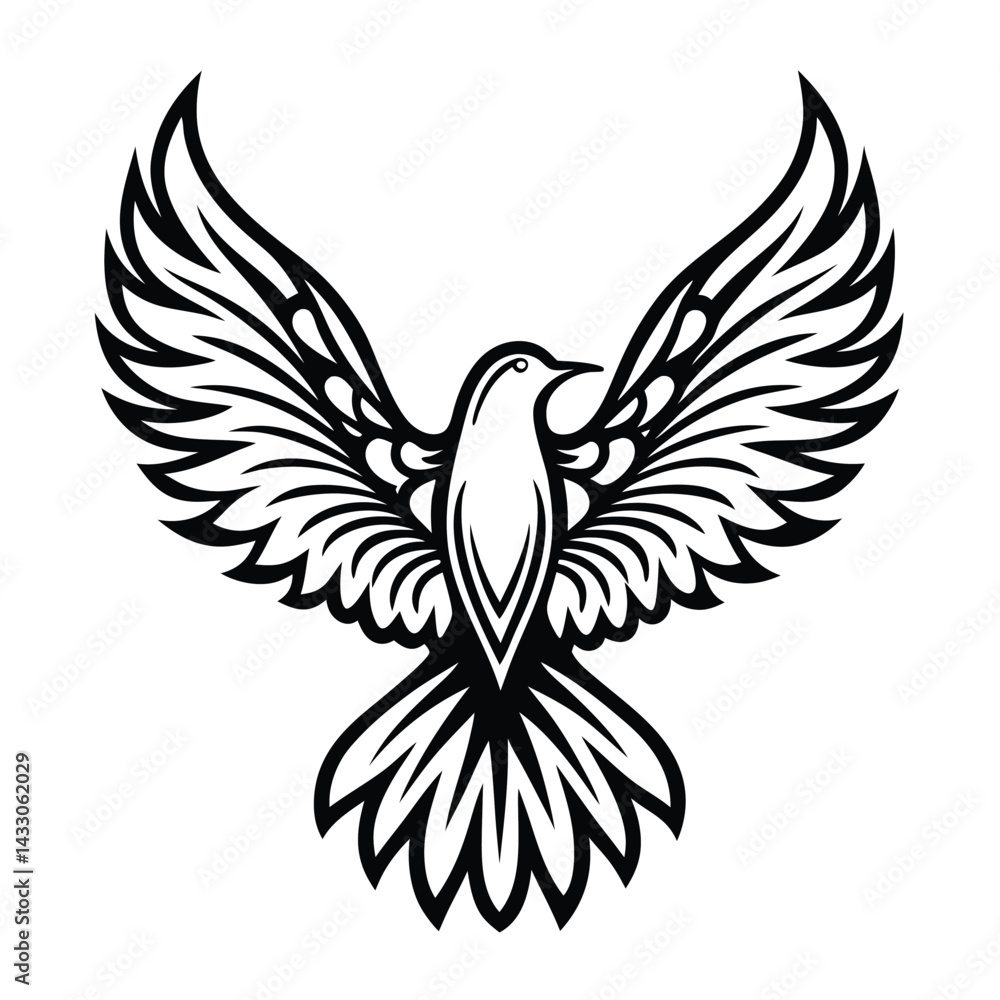 Obraz premium Black and White Bird Silhouette, Stylized Wings Outspread, Ornamental Feather Detail