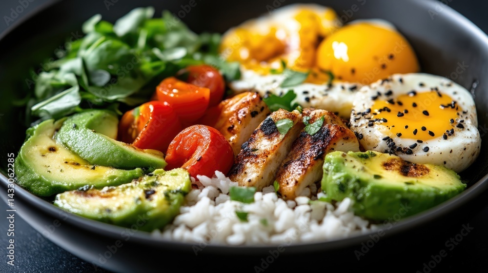 Healthy and flavorful bowl with grilled chicken, eggs, avocado, rice, and vegetables Healthy and flavorful bowl with grilled chicken, eggs, avocado, rice, and vegetables