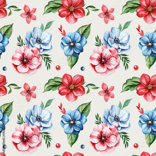 Wallpaper Mural Watercolor seamless floral pattern with red, blue, and pink blooming flowers and green leaves on white background design Torontodigital.ca