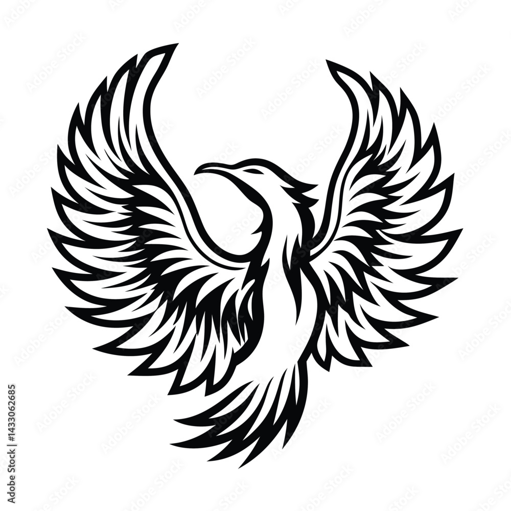 Obraz premium Rising Phoenix Silhouette Mythical Bird Symbol with Spread Wings, Black on White