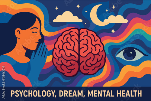 Psychology icons set – flat style mental health, dreams, and brain symbols for emotional well-being: brain, person meditating, eye, moon, clouds, colorful waves