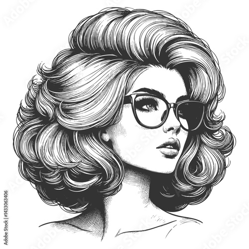 woman with large glasses and voluminous wavy hair, gazing thoughtfully sketch engraving generative ai fictional character vector illustration. Scratch board imitation. Black and white image.