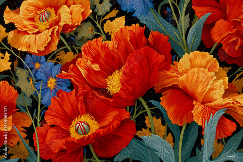 Wallpaper Mural Close-up of red, orange, and blue poppies and foliage, detailed texture, vibrant colors, botanical illustration style, showcasing natural beauty and elegance Torontodigital.ca
