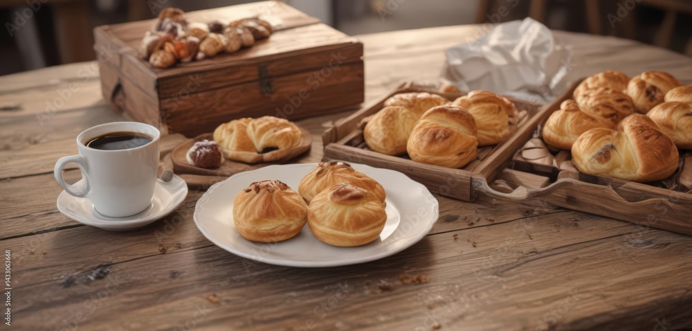 Fototapeta premium A rustic wooden table with a coffee and a box of pastries , wooden, coffee, sprinkles
