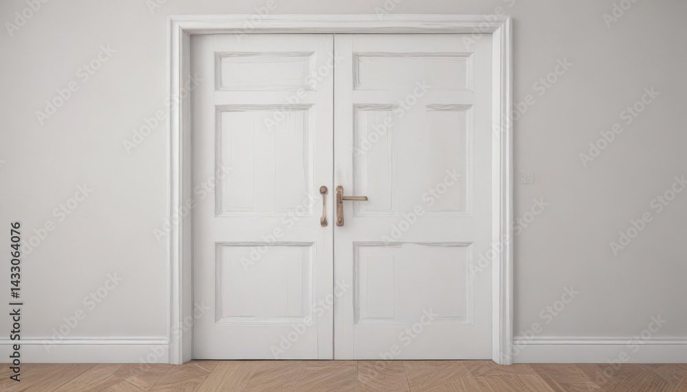 Crisp white wood door, closed, elegant handle , architecture, interior, clean lines Crisp white wood door, closed, elegant handle , architecture, interior, clean lines