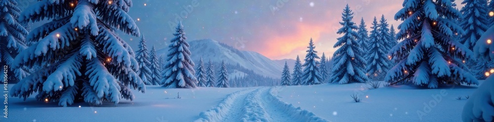 Fototapeta premium Snowy Forest Landscape with Icy Trees and Twinkling Lights, forest, christmas trees, ice
