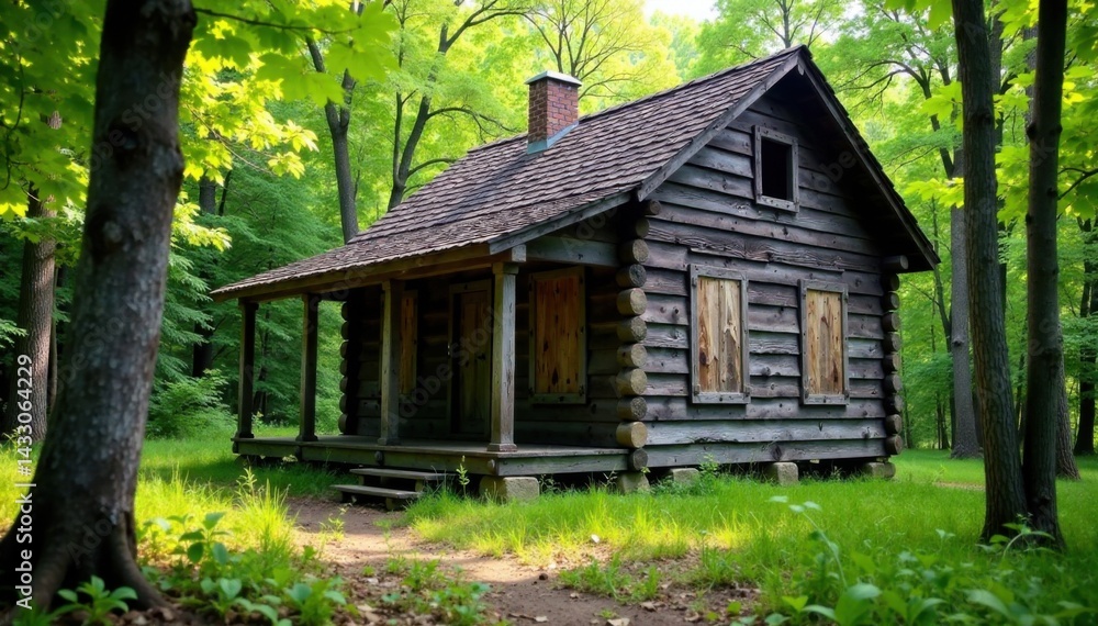 Old cabin in the woods with boarded up windows, forest, cabin Old cabin in the woods with boarded up windows, forest, cabin