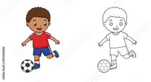 Soccer Boy Coloring Illustration:  A cheerful cartoon illustration depicting a young soccer player ready to score, featuring both a colored and line art version for creative coloring fun.  