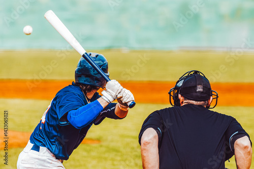 Baseball action, baseball player with bat waiting for ball with umpire, rear view. Team sports