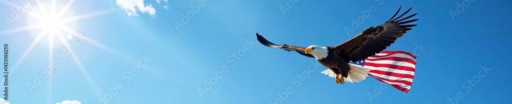 Obraz premium Eagle soaring against a bright blue sky with the American flag flying high in its talons, freedom, patriotism