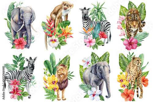 Photography Watercolor African wild animals with tropical flowers and leaves, safari wildlif