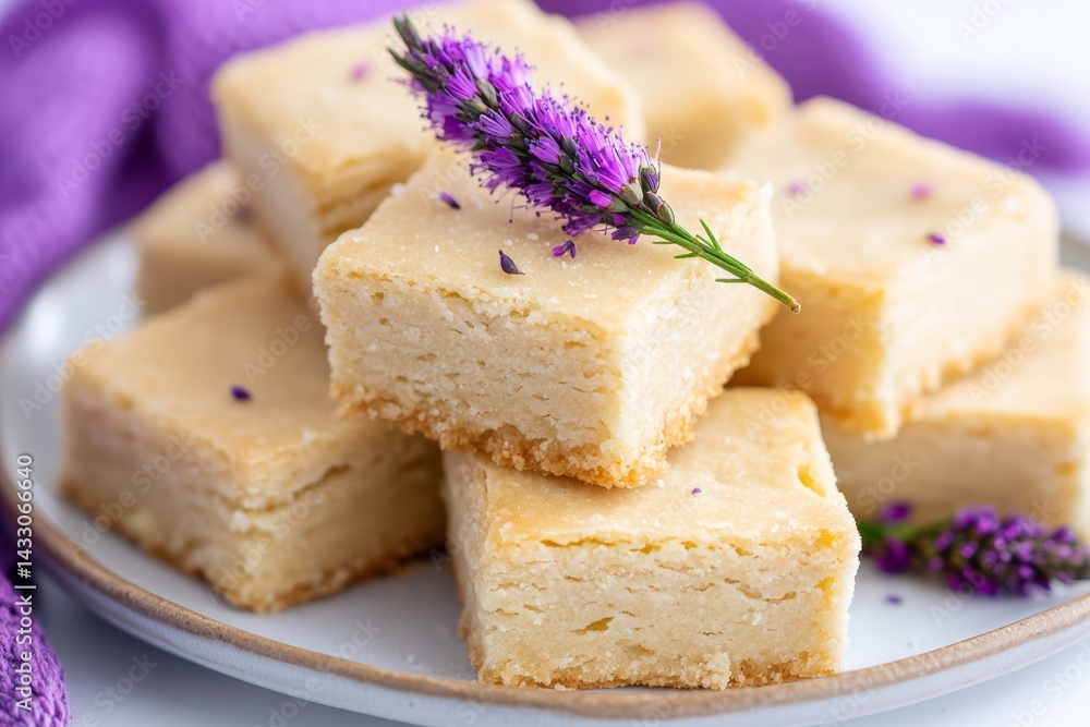 Stack of Buttery Lavender Shortbread Cookies Sprinkled with Sugar on Ceramic Plate