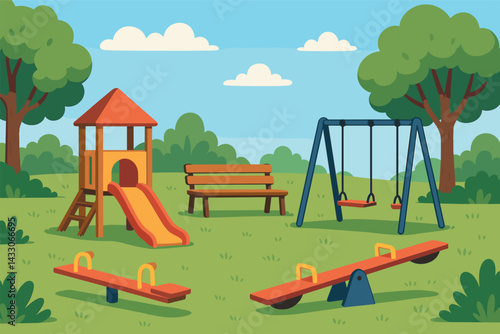 Playground fun flat icons set – vibrant style outdoor play, recreation, and park symbols for children activities: swing, slide, seesaw, sandbox, merry-go-round, bench, tree.